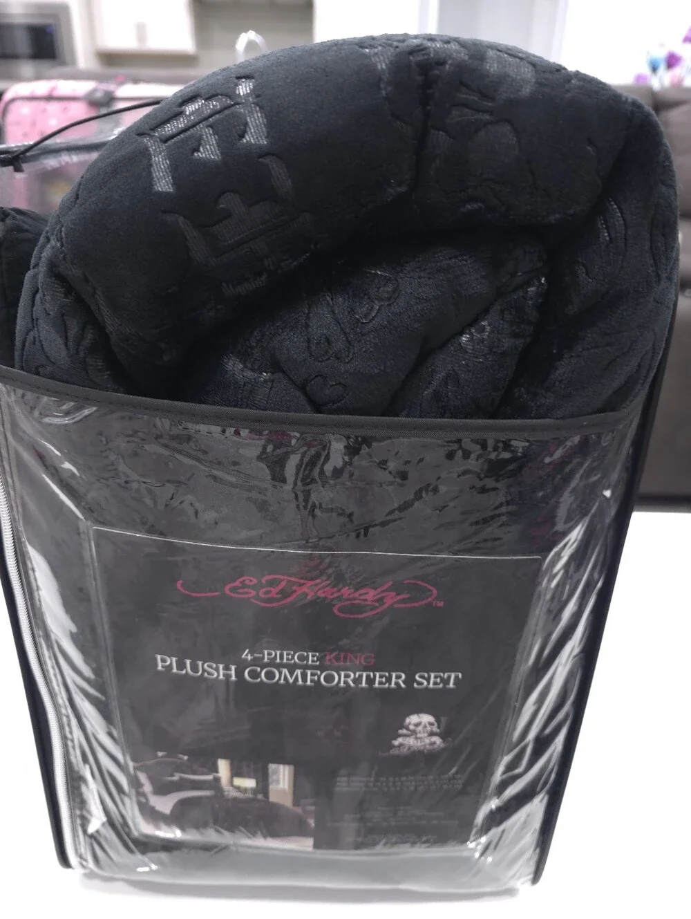 Ed Hardy KING 4-Piece Skull Embossed Black Comforter Set Set